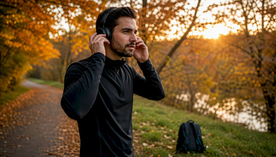 Person adjusting wireless headphones outdoors